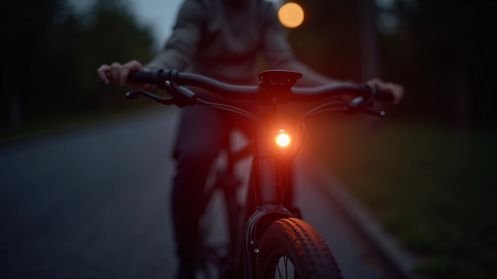 Seniora velosipēds ar ieslēgtiem apgaismojuma elementiem, gatavs drošai braukšanai krēslainajā vakarā