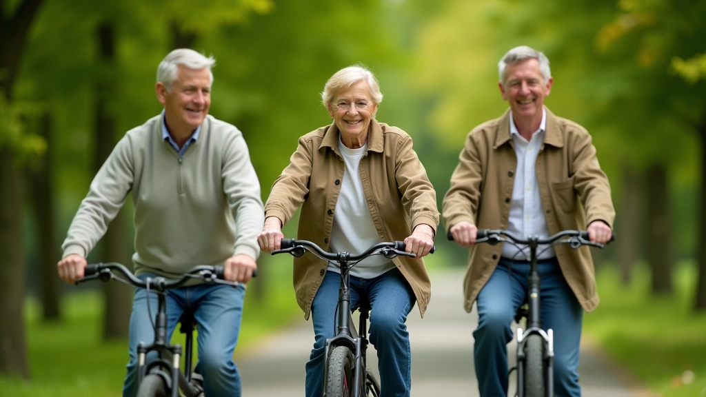 Seniori kopā uz velosipēdiem, smaidi, mierīgi brauciens zaļā vidē, vasaras diena