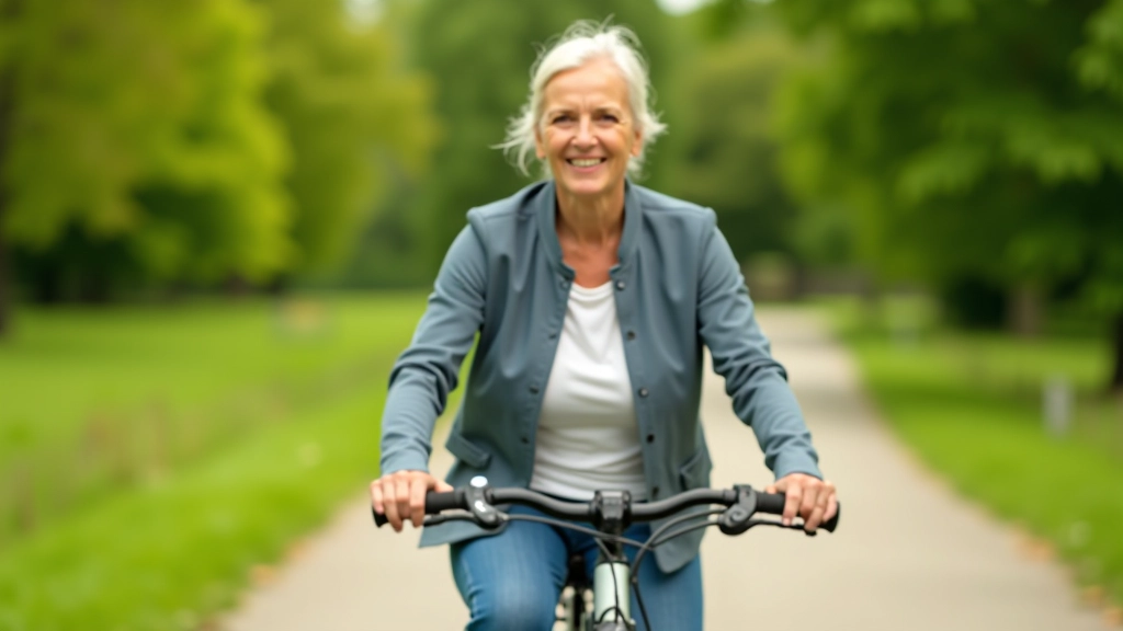 Vecāka gadagājuma sieviete, braucot uz modernu e-velosipēdu zaļa parka fona