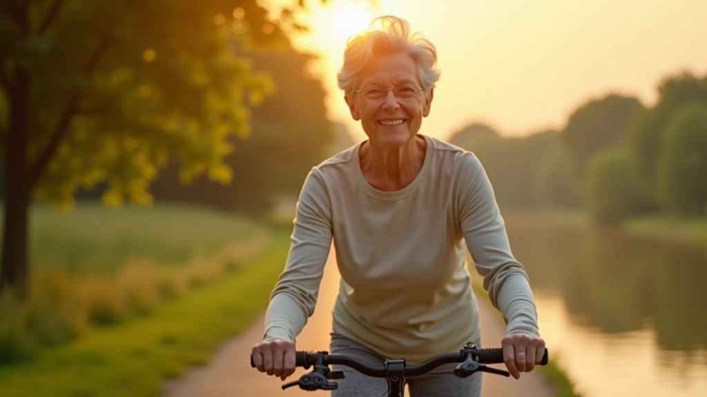 Seniors braucējošs pa pievilcīgu upesmalas ceļu ar zaļiem kokiem un ūdens skaņu