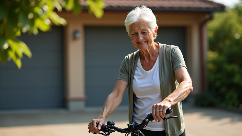 Senioru sieviete ar velosipēdu, smaids, uzraudzība